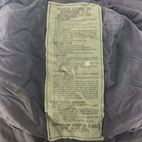 Sleeping bag with a label on a dark background