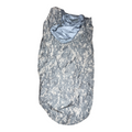 A crumpled gray and off-white digital camouflage blanket or sleeping bag with a light blue inner lining, shown against a plain white background.