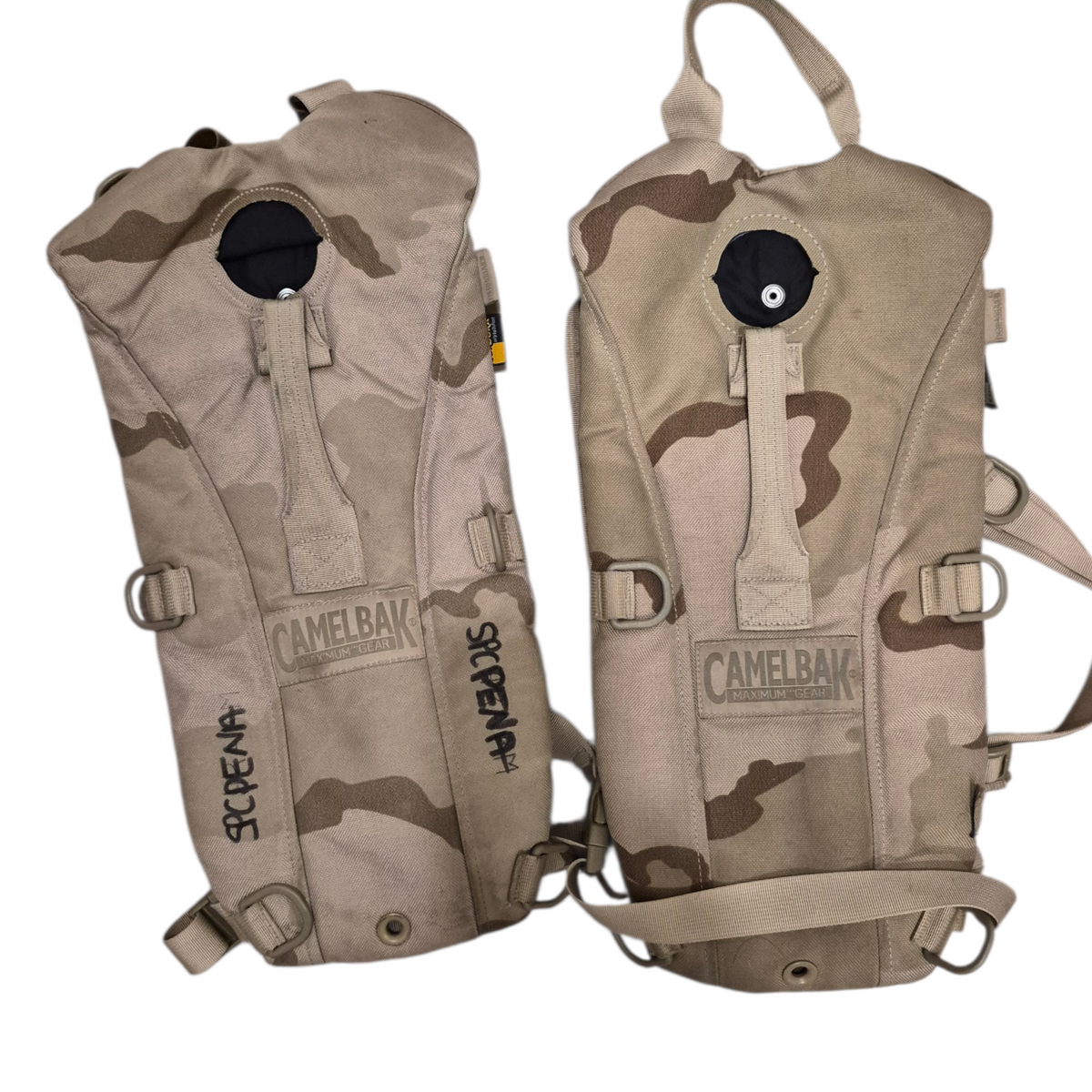 CamelBak hydration packs with camouflage pattern on a white background