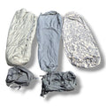 Five gray camping sleeping bag covers shown in various states of use, including packed and unpacked, on a white background with soft drop shadows.