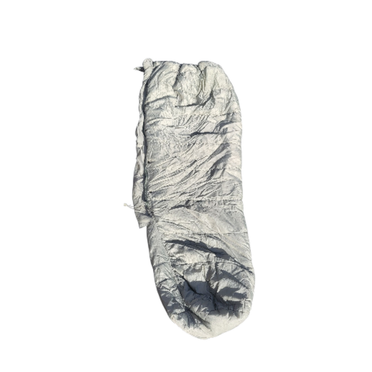 A crumpled silver metallic foil sheet or reflective material, photographed flat against a solid white background.