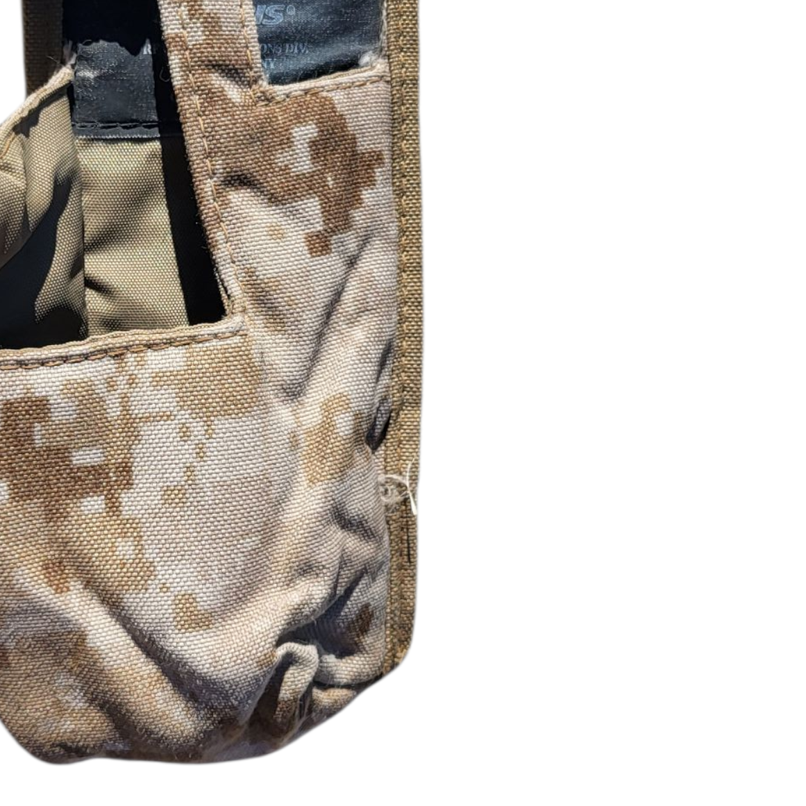 Close-up of a tactical utility pouch in a desert digital camouflage pattern, showing the fabric texture and zipper detail against a white background.