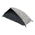 A dome-style camping shelter or tarp with a digital camouflage pattern on the outer surface and a dark charcoal interior, shown on a plain white background.