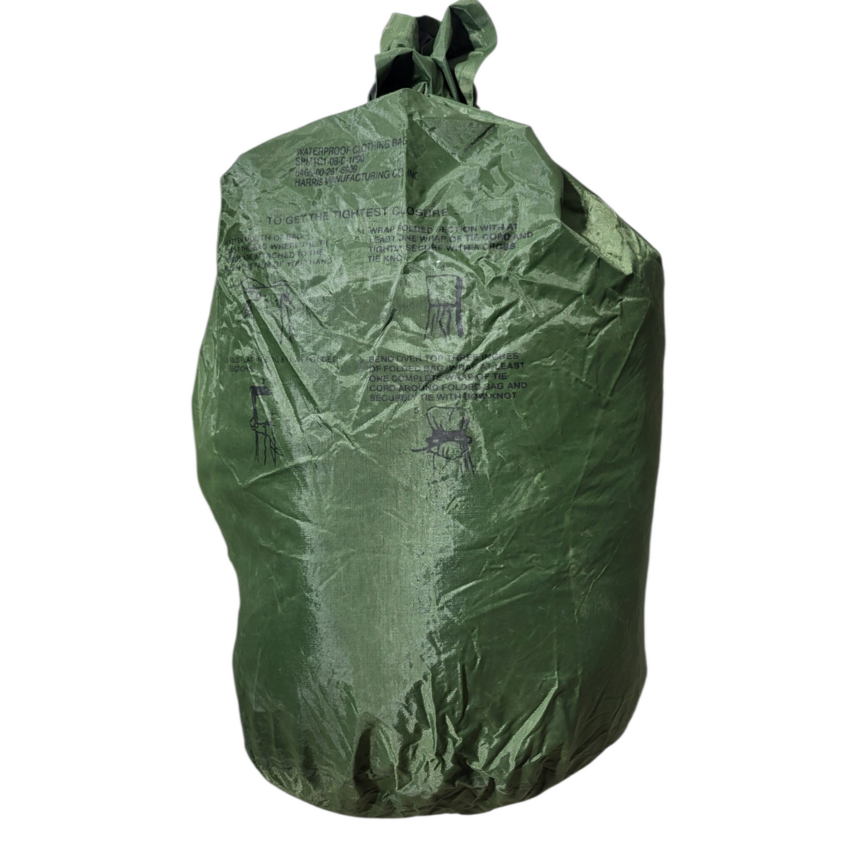 An olive green waterproof rain cover with printed instructions and diagrams on the back, shown on a plain white background.