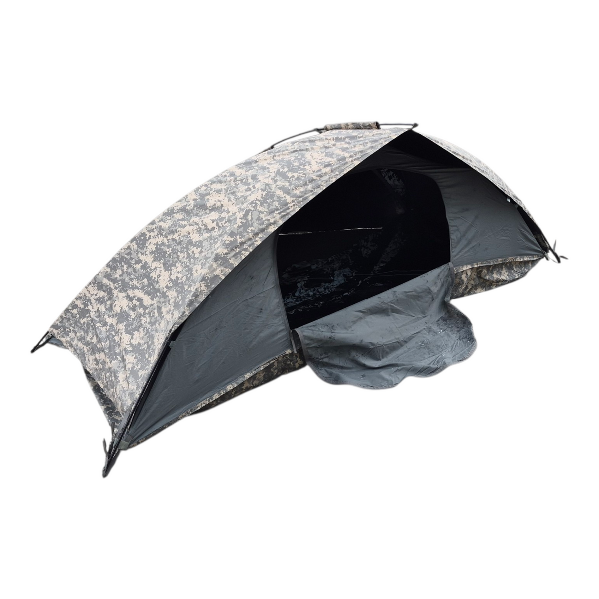 Camouflage-patterned tent on a white background