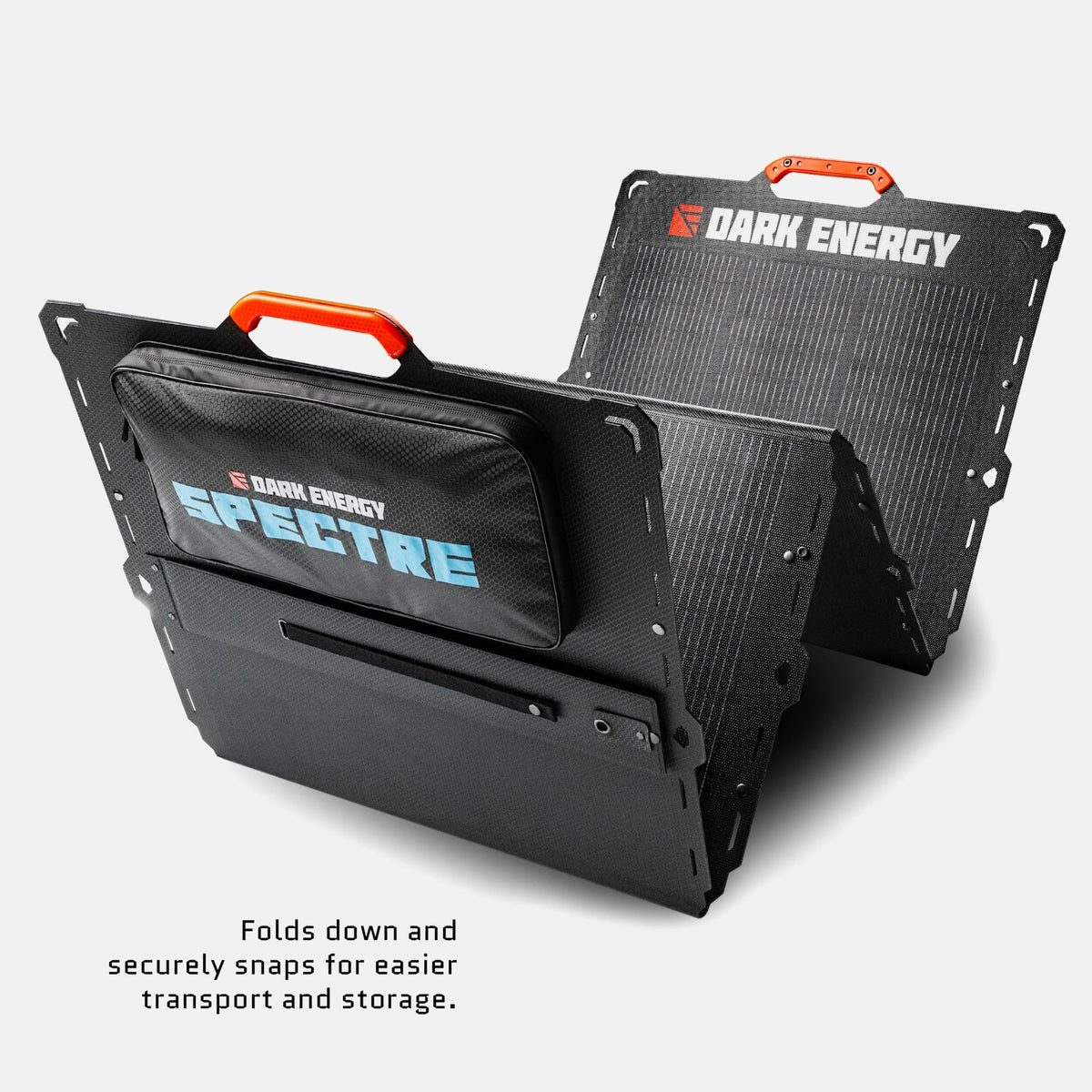 Dark Energy Spectre solar panel and carrying case on a white background