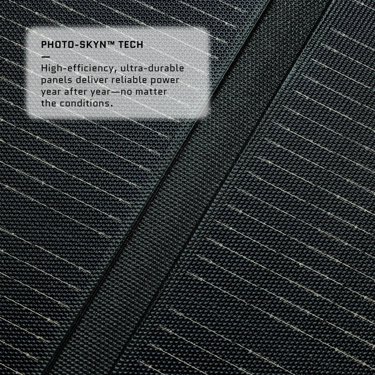 Close-up of a dark textured solar panel surface with fine grid lines and a translucent label reading 'PHOTO-SKYN™ TECH' and a short descriptive copy about high-efficiency, ultra-durable panels.