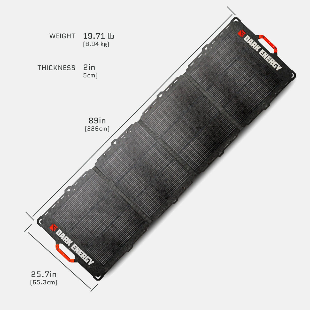 Dark Energy solar panel with dimensions and weight on a white background