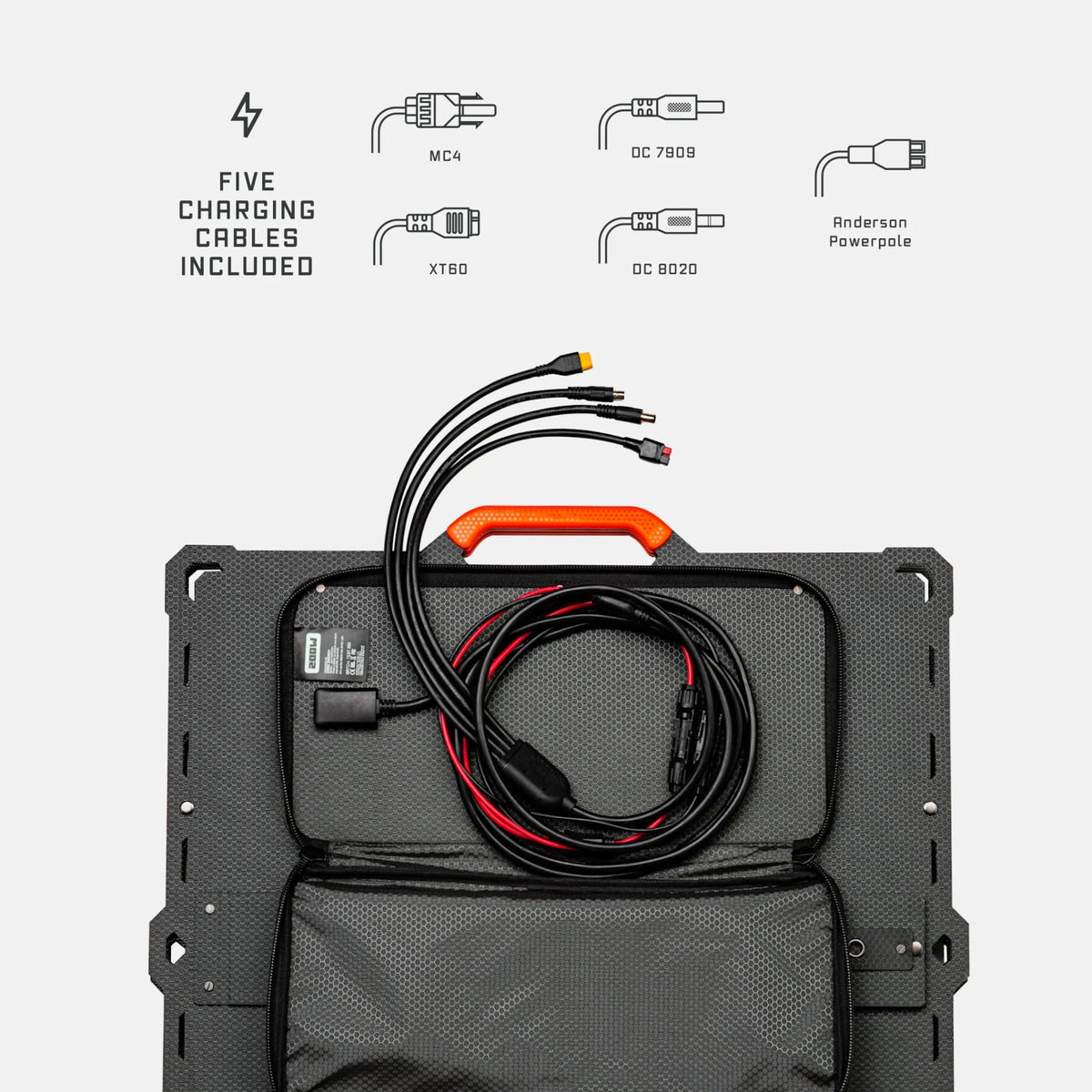 Black power bank with charging cables included, showing five different cable types on a white background.