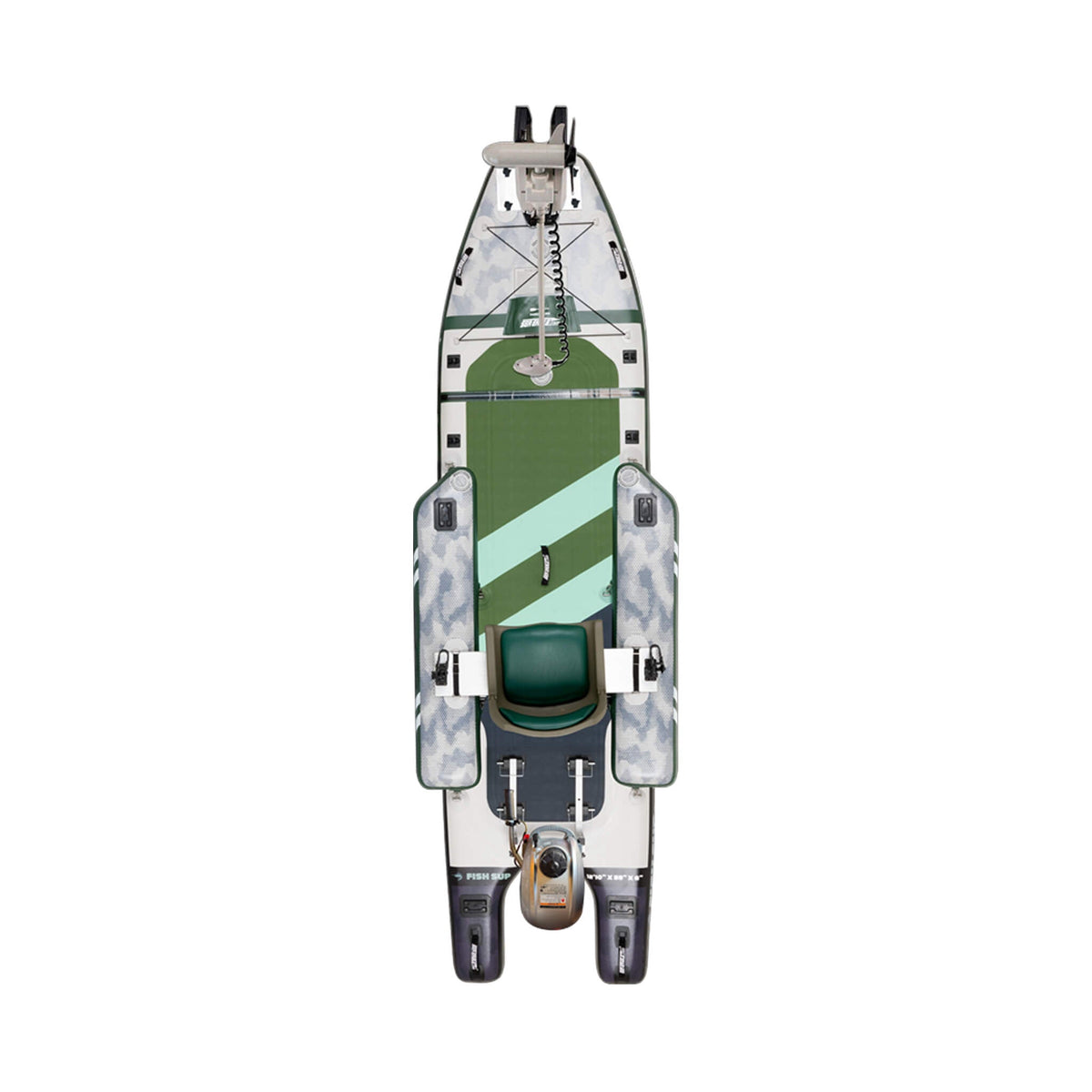 Inflatable kayak with camouflage pattern on a white background
