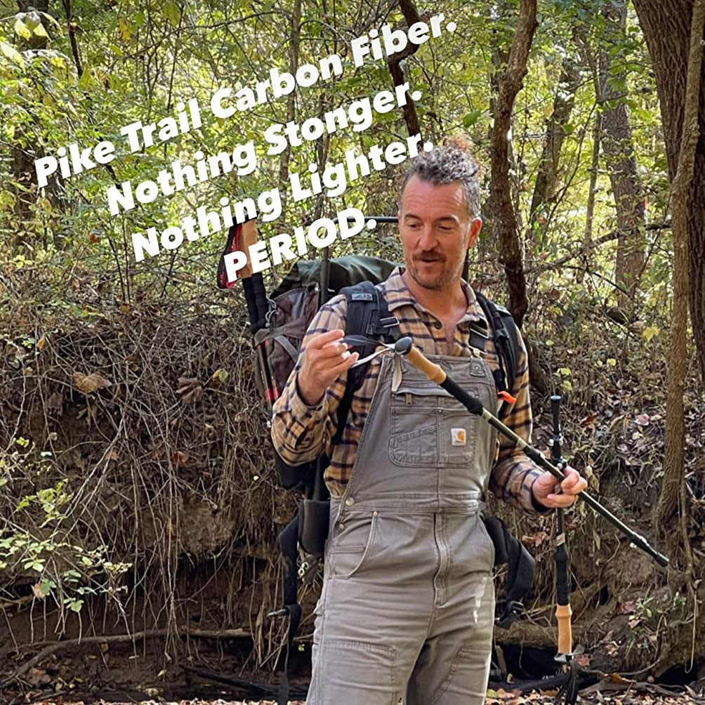 Man in a forest holding Pike Trail Carbon Fiber fishing equipment with promotional text.