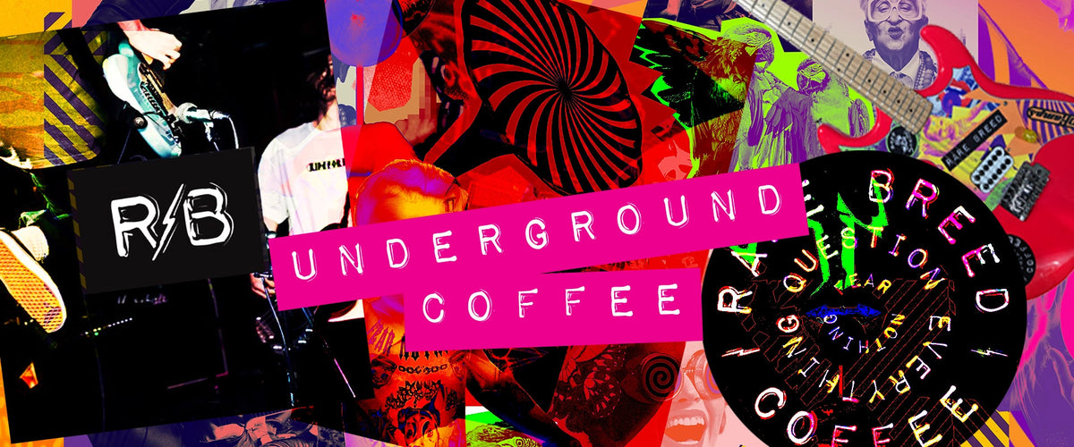 A vibrant, multi-panel collage graphic with the text 'UNDERGROUND COFFEE' in white on a bright pink banner. The panels feature psychedelic spiral patterns, a black circular logo with 'R/B' and 'P/B', a guitar, a person playing an instrument, and neon colors.